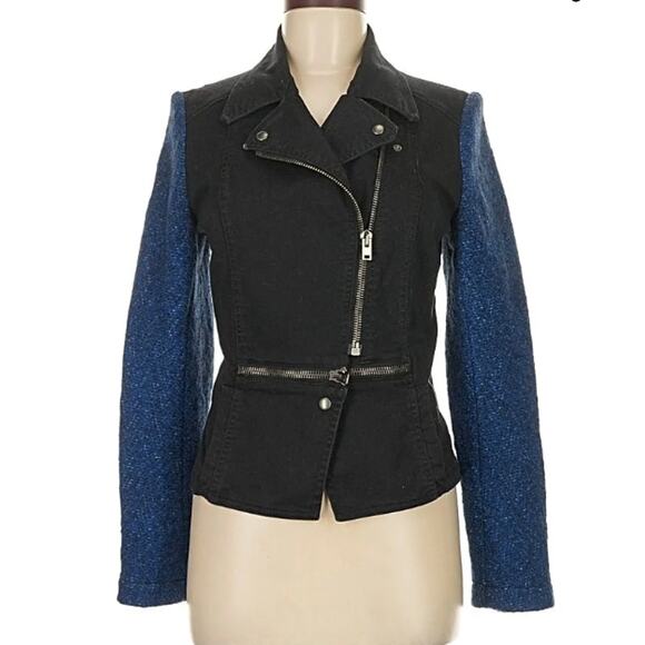 Stella McCartney Black Denim Mixed Blue Wool Sleeves Zip Jacket 44/ Medium - Picture 1 of 11